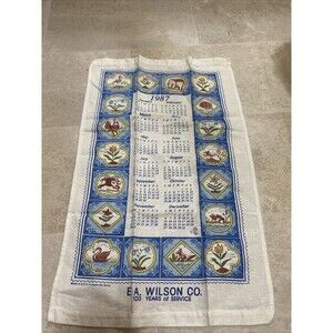 Vintage Calendar 1987 Cloth 22 7/8"×14 1/8" White Blue Floral Animals